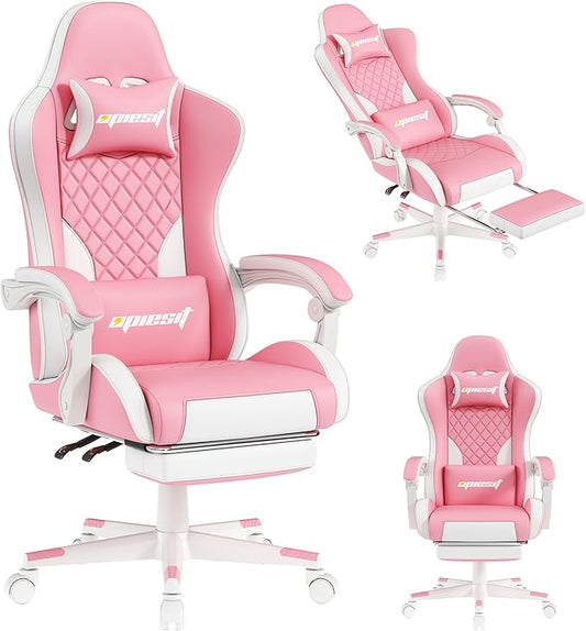 Gaming Chair,Ergonomic Computer Chairs for Adults with Footrest, PU Leather Office Chair with Adjustable Lumbar Support & Pocket Spring Cushion - Heavy Duty 400lb Capacity Gamer Chair (Pink)-DeskLoop Office