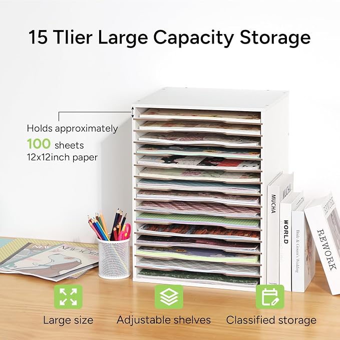 Caydo 15 Slot Paper Organizer Storage, Wood Adjustable Shelves Paper Storage - Image 3