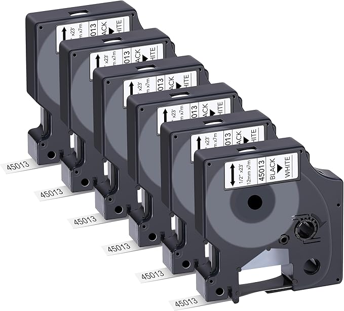 6-Pack Dymo D1 Label Tape 45013 Black on White 1/2 Inch x 23 Feet Compatible by JOJOME