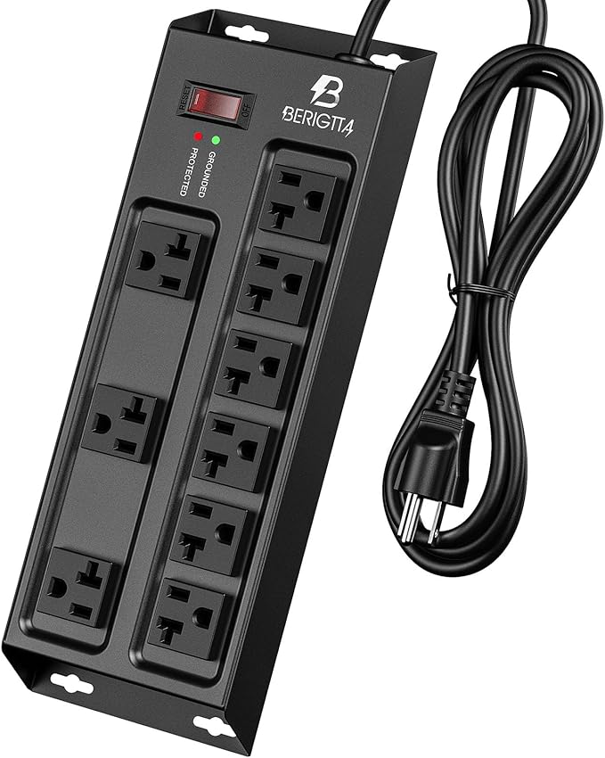 Heavy Duty Metal Power Strip, 20 AMP Surge Protector with 9 Outlets, 12 Gauge Industrial Strength for Shop & Garage Use, 6 FT Extension Cord Included, Durable T-Slot Design (6FT)-DeskLoop Office