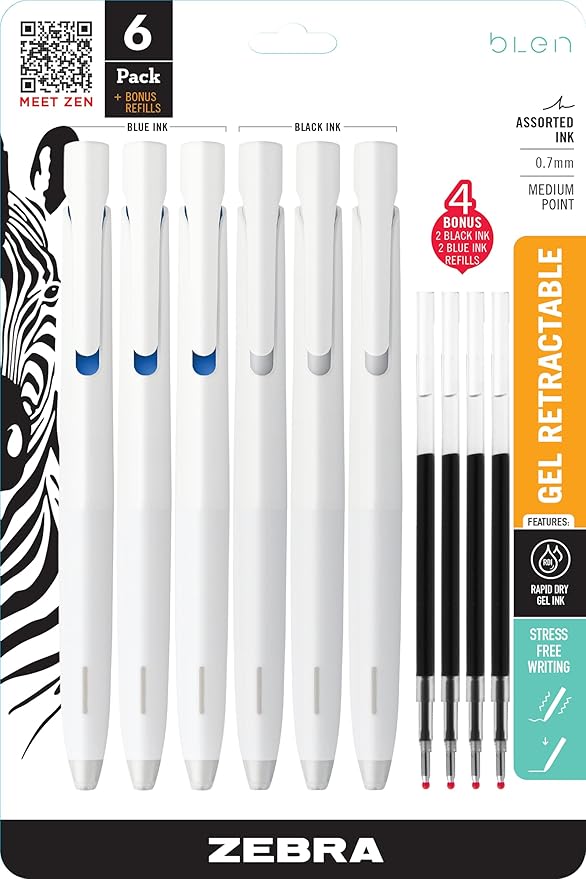 Zebra Pen, bLen Retractable Gel Pens, Medium Point 0.7mm, 3 Black & 3 Blue Ink by ZebraPen