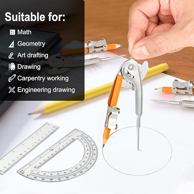 60 Pieces Geometry Math Set Compass for Geometry Math Compass and Protractor Set Include Metal Compass with Pencil Plastic Ruler and Protractor for Student School Office Woodworking Drawing Tools-DeskLoop Office