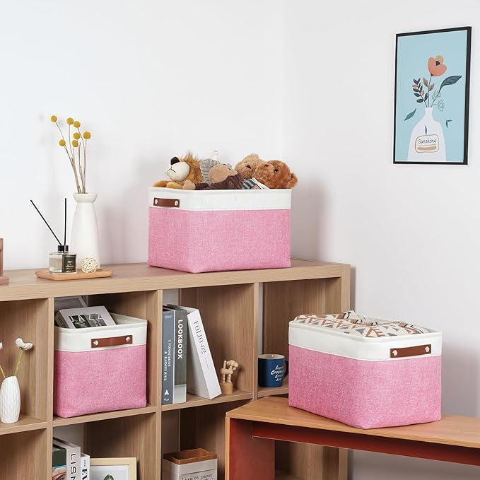 DULLEMELO Storage Baskets for Organizing, Shelves,Bedroom, Decorative Storage Bins with Faux Leather Handles, Fabric Storage Basket for Office, Toys(3-Pack, White&Pink)-DeskLoop Office