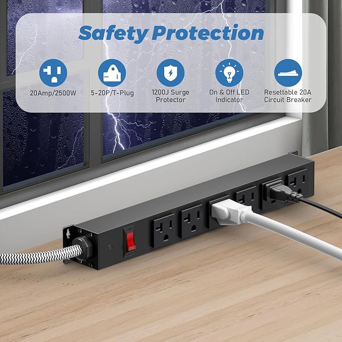 HEZI 20 Amp Power Strip with 5-20P/T- Plug, Heavy Duty High Amp Metal Surge Protector, Mountable Industrial Power Strip with 6AC Outlets(5-20R) and Circuit Breaker, 6FT 12AWG Extension Cord-DeskLoop Office
