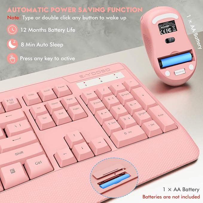 Wireless Keyboard and Mouse Combo, E-YOOSO 2.4GHz Full Sized Ergonomic Wireless Keyboard with Wrist Rest, 3 DPI Adjustable and 6 Buttons Cordless USB Mouse for Computer, Laptop, PC, Windows (Pink)-DeskLoop Office