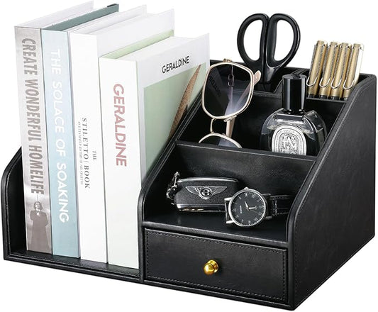 KINGFOM PU Leather Desk Organizer, Multifunction 6 Compartment Desk Organizers and Accessories for Office Supplies, Pen Pencil Holder/Book Mail Organizer Holder for Desk with Drawer(Black)-DeskLoop Office