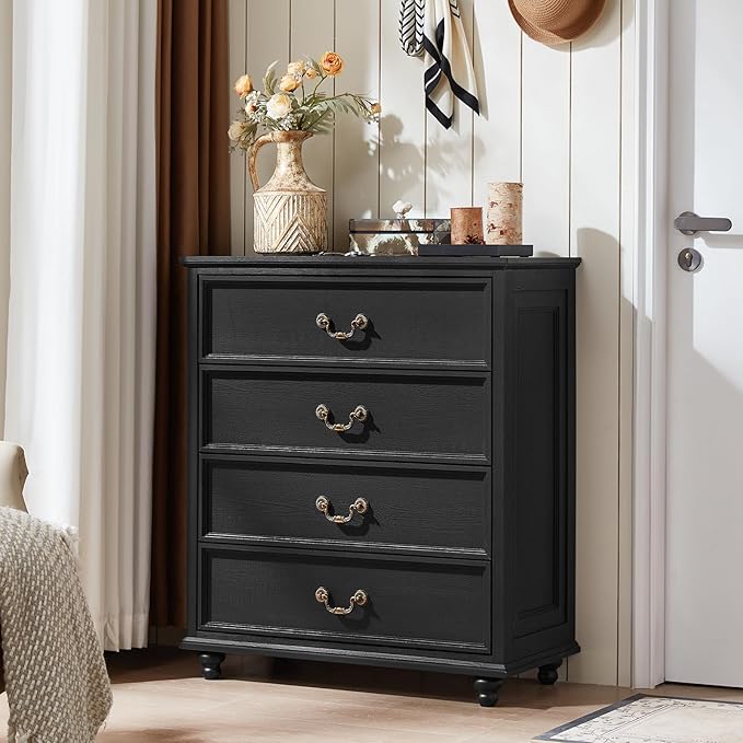 Farmhouse 4 Drawer Dresser Set of 2 for Bedroom, 37" Tall Rustic Chests of Drawers w/ 4 Solid Wood Feet, Mid Century Vintage Wooden Closet Storage Dressers Organizer for Living Room, Black-DeskLoop Office