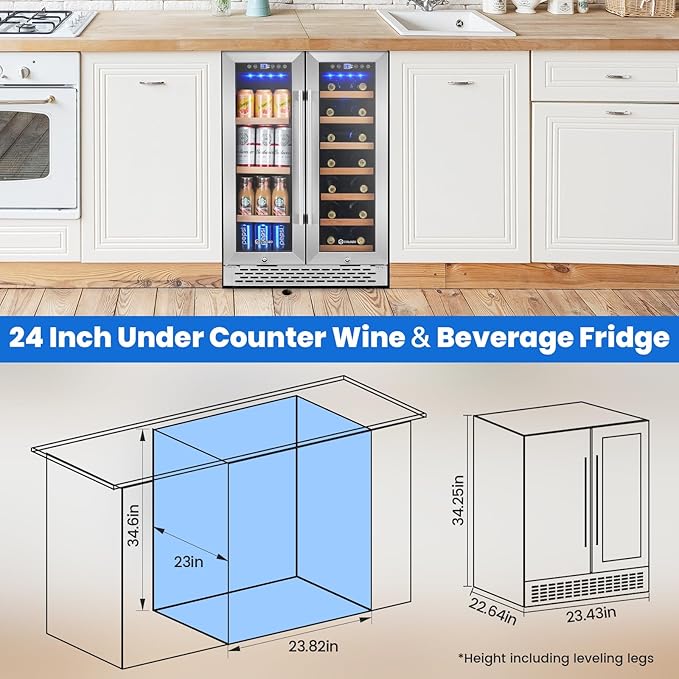 24 Inch Wine and Beverage Refrigerator Under Counter, Dual Zone 20 Bottles & 88 Cans Beverage Fridge with Stainless Steel Tempered Glass Door, Built-in/Freestanding Mini Fridge for Office/Bar/Kitchen-DeskLoop Office
