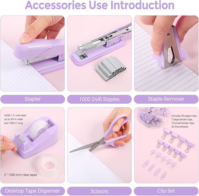 SKYDUE Purple Desk Accessories, Tape Dispenser, Binder/Paper Clips and 1000pcs - Image 2