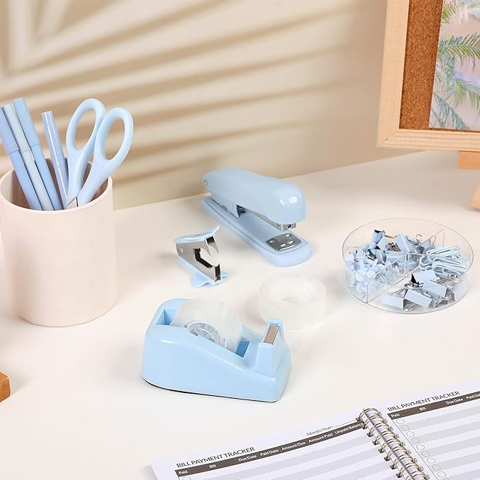 SKYDUE Blue Office Desk Accessories, Blue Office Supplies, Stapler, Tape Dispenser, Scissors, Clips and 1000pcs Staples,Desk Supplies for Women