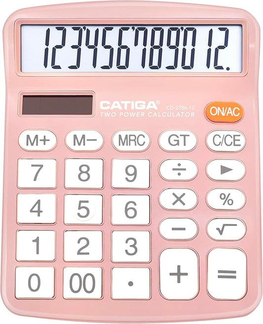 CATIGA 12 Digits Desktop Calculator with Large LCD Display and Sensitive Button, Dual Solar Power and Battery, Standard Function for Office, Home, School, CD-2786(Light Pink)-DeskLoop Office