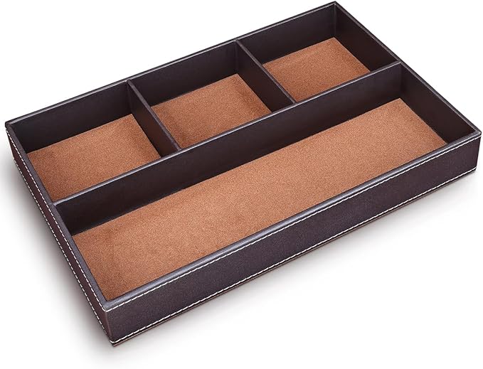 KINGFOM Pu Leather Desk Organizer Tray, 4 Compartment Office Storage Supplies Stationery Drawer Tray, Nightstand Bedside Tray for Key, Wallet, Watch, Coin, Phone Valet Tray Stackable-DeskLoop Office