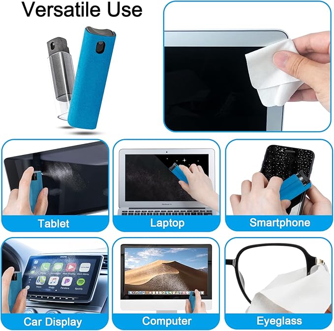 2 Pack Car Touch Screen Mist Cleaner, walrfid Laptop Screens and Phone Touchscreen Cleaning Kit for iPad, iPhone, MacBook Pro with Aipods Cleaning Pen, Small Brush and Eyeglass Cloth - Grey and Blue-DeskLoop Office