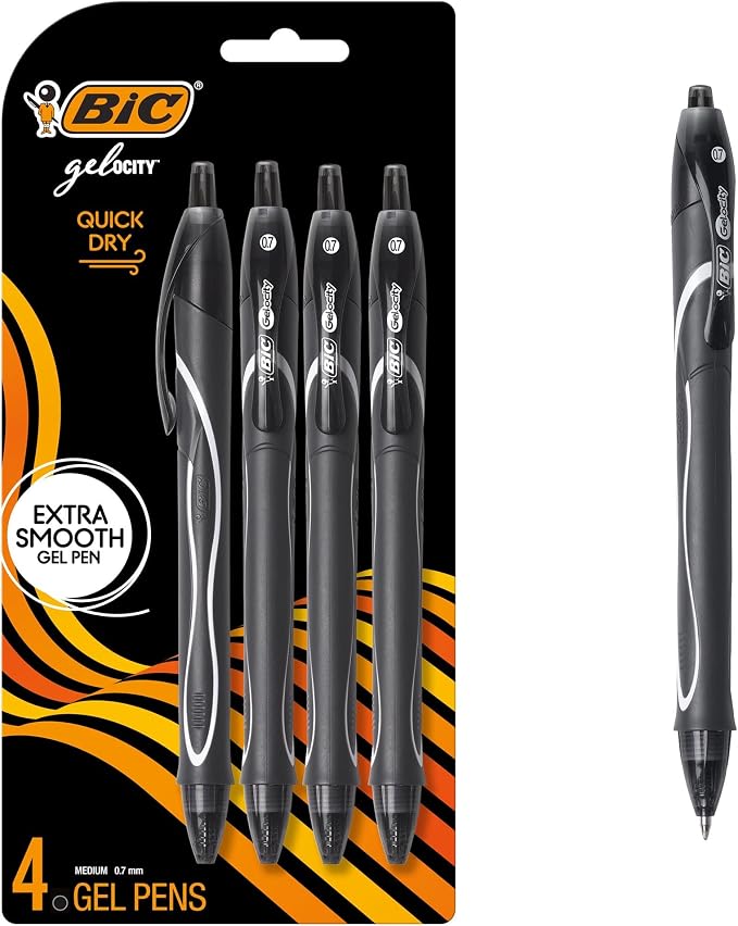 BIC Gelocity Quick Dry Black Gel Pens, Medium Point, 4-Count Pack, Retractable by BIC
