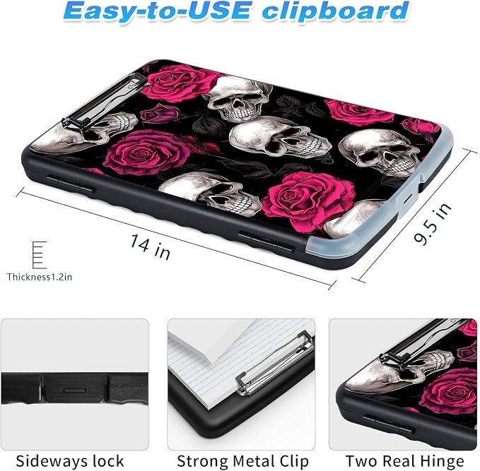 Clipboard with Storage, High Capacity Skull Rose Storage Clipboard 9.5x14 with - Image 3