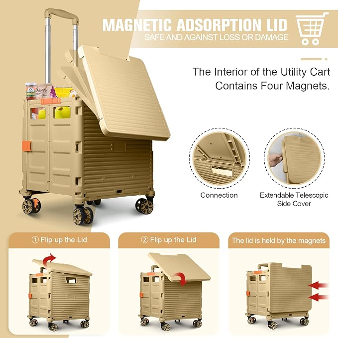FELICON SELORSS Folding Utility Cart Portable Rolling Crate Handcart-Khaki | - Image 2
