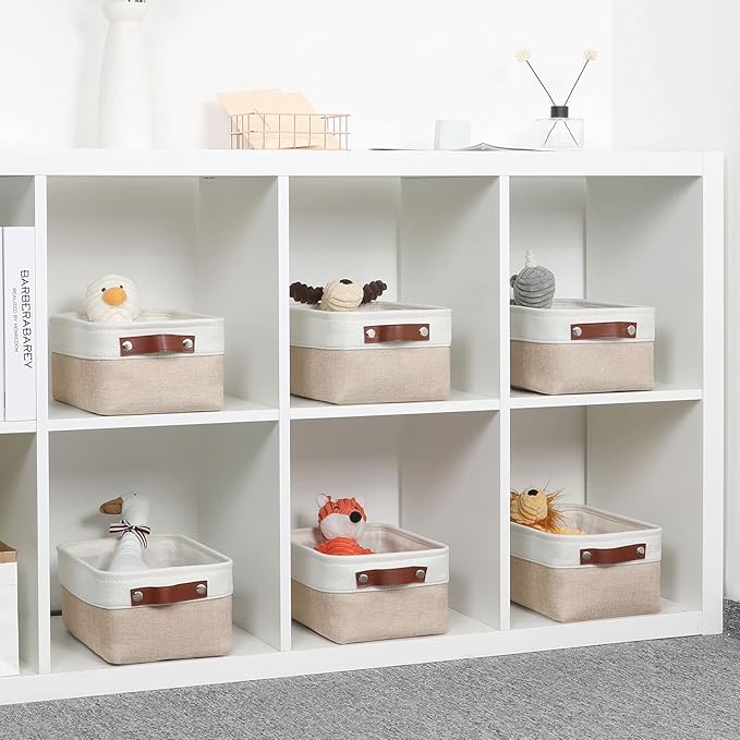 DULLEMELO Small Storage Bins, Storage Baskets for Organizing, Collapsible Rectangular Fabric Baskets for Shelves, Closets, Nursery, Home, Office, Empty Gift Baskets (6-Pack, White&Khaki)-DeskLoop Office