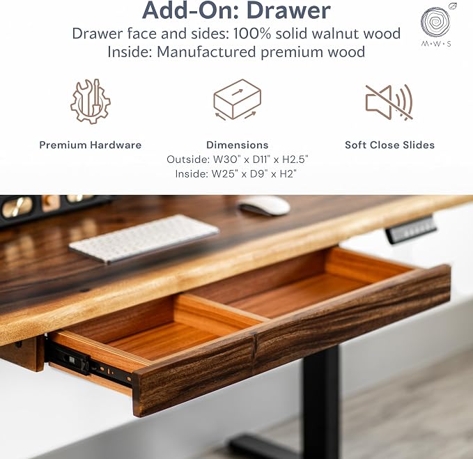 Standing Desk with Drawer – Walnut Solid Wood Desk, Natural Live Edge, - Image 6