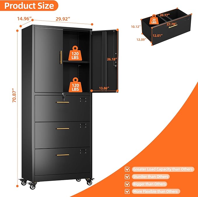 Aobabo Metal 3 Drawers Lateral File Storage Cabinet and Unit Adjustable Shelf Organizer, Steel Files Cabinet with Wheels, 2 Door Storage for Office Legal/Letter A4 Size, Assembly Required, Black-DeskLoop Office