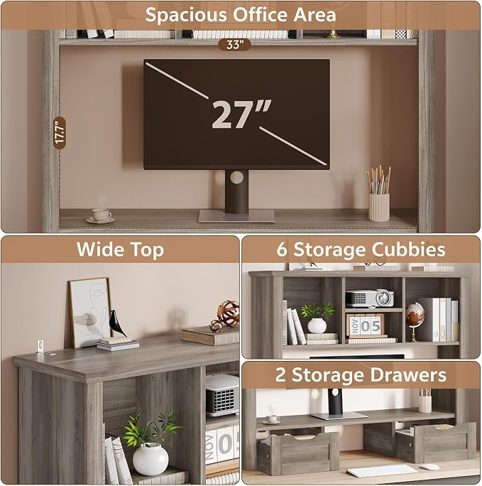 Desk Shelf with Computer Monitor Stand, 37.4''W Desktop Bookshelf Display Rack - Image 3