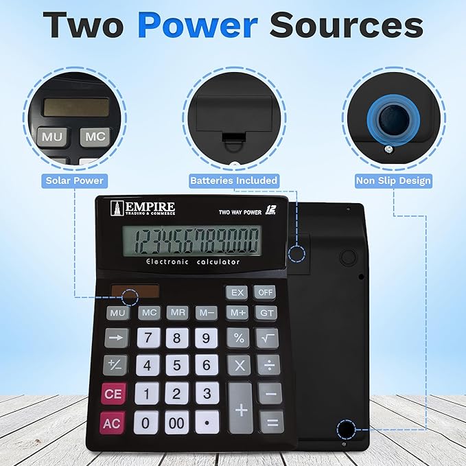 Empire Desk Calculator with Large Key Buttons, 12 Digits, Large Eye-Angled Display, Solar and Battery Powered for Home and Office (Battery Included)-DeskLoop Office