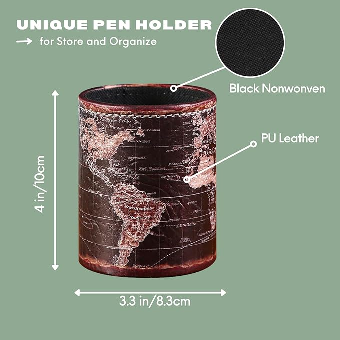 Black World Map Pencil Holder for Desk, PU leather Pencil Cup, Globe Pen Holder for Desk Office Supply Organizer PH46-DeskLoop Office
