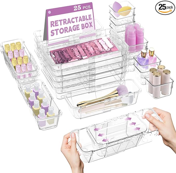 25 Pcs Clear Drawer Organizer, Adjustable Drawer Storage Box, 3-Size Desk by Hiitytin