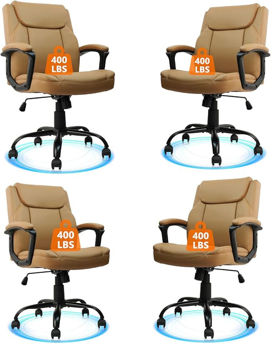 CLATINA Brown Office Computer Chair PU Leather Executive Swivel Adjustable Height Chairs with Upholstery Fixed armrest Mid-Back Leather Thick Cushion Office Chair Brown 4Pack-DeskLoop Office