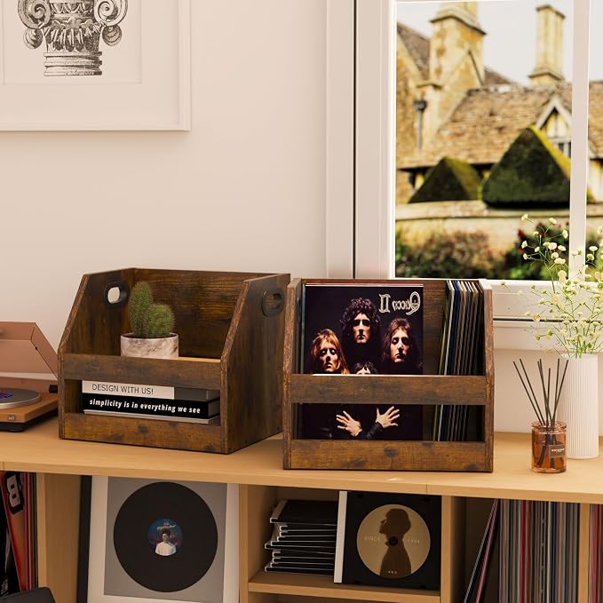 YMYNY Vinyl Record Storage Holder, Rustic Brown, 14.96*11.42*11.42" HCD001H | - Image 4