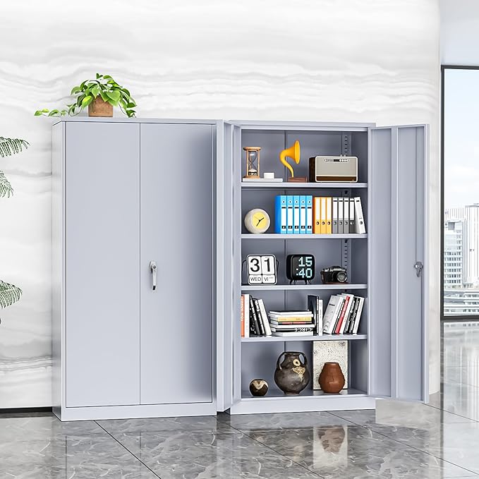 INTERGREAT Tall Metal Storage Cabinet Locking Steel with 4 Adjustable Shelves,72" Lockable Cabinets Lock 2 Doors for Office Garage Supply Home (Cement Gray)-DeskLoop Office