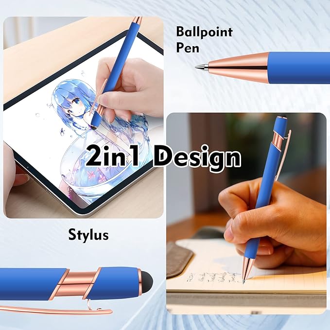 12 PCS 2 in 1 Stylus Ballpoint Pen with Stylus Tip, 1.0 mm Black Ink Metal Pen Stylus Pen for Touch Screens (Rose Gold & Light Blue)-DeskLoop Office