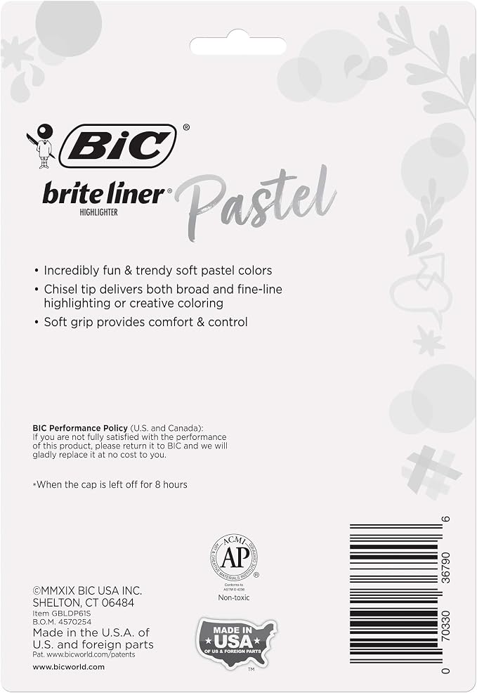 BIC Brite Liner Grip Pastel Highlighter Set, Chisel Tip, 6-Count Pack of Pastel - Image 3