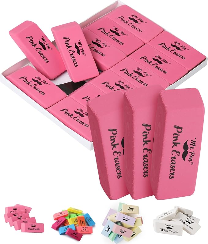 Mr. Pen- Pink Pencil Eraser, 12 Pack | Large Latex Free Block Erasers by MrPen