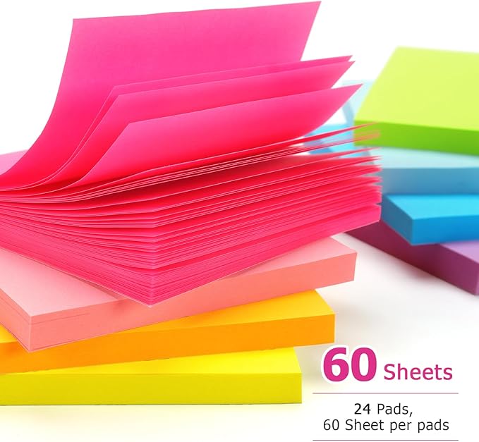 Early Buy 24 Pads Sticky Notes 8 Bright Color Self-Stick Notes 3 in x 3 in, 60 Sheets/Pad-DeskLoop Office
