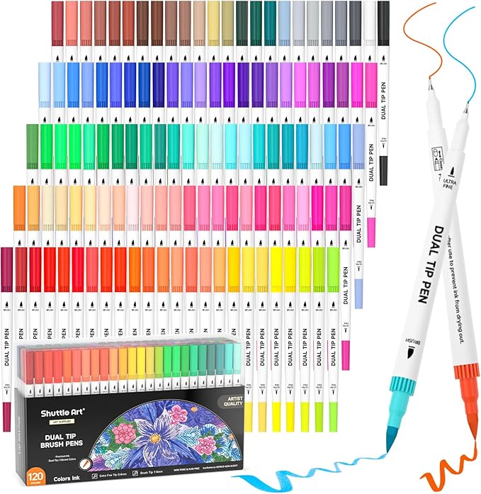 120 Colors Dual Tip Brush Marker Pens with 1 Coloring Book, Fineliner and Brush Dual Tip Markers Set, Water-based Ink Perfect for Kids Adult Artist Calligraphy Hand Lettering Journal Doodling Writing-DeskLoop Office