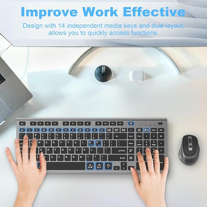FENIFOX Wireless Keyboard and Mouse, Ergonomic Rechargeable Silent Quiet Slim USB C Flat Compact Full Size with Number Pad Soft Cover Keyboards for Mac Computer PC Surface Laptop MacBook iMac Black-DeskLoop Office