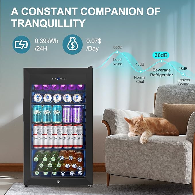 Beverage Refrigerator Cooler, 128 Cans 3.2 Cu.Ft Mini Fridge Glass Door for Drink Beer Soda Wine, Small Fridge with 4 Adjustable Removable Shelves for Kitchen, Bedroom, Office, Bar, Gaming Room, Black-DeskLoop Office