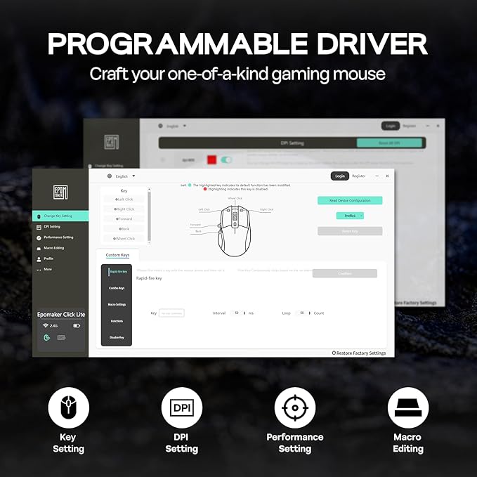 EPOMAKER Click Lite Wireless Gaming Mouse, 800 to 12,000 DPI Adjustable, PAW3311 Sensor, 500mAh, 59g, 2.4G/BT/USB-C Rechargeable Wireless Mouse with 5 Programmable Buttons for PC/Mac/Linux (White)-DeskLoop Office