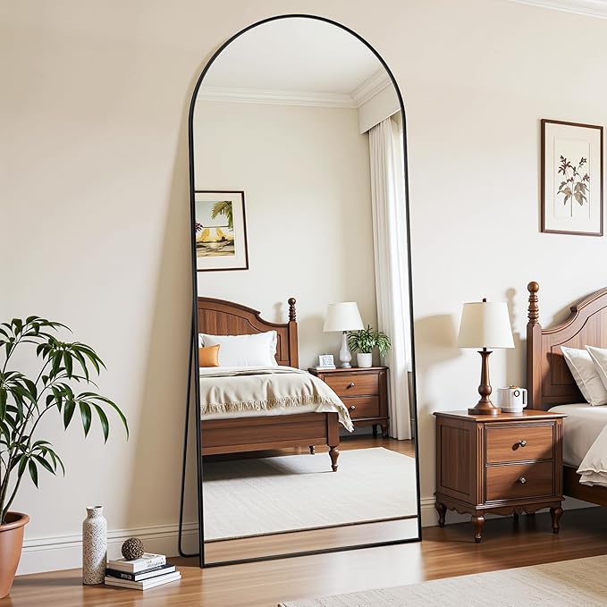 Full Length Mirror, 68"x26" Oversized Floor Mirror Freestanding, Full Body Mirror Floor Standing Mirrors with Stand, Hanging Mounted Mirrors for Bedroom Living Room, Black, Arched Style-DeskLoop Office