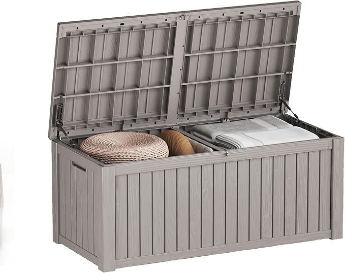 150 Gallon Resin Deck Box, Waterproof Outdoor Storage Bin for Patio Furniture, Pool Accessories, and Garden Tools, Lockable & UV-Resistant, Grey-DeskLoop Office