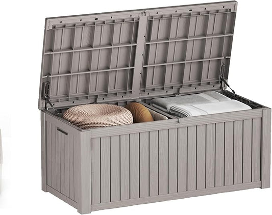 150 Gallon Resin Deck Box, Waterproof Outdoor Storage Bin for Patio Furniture, Pool Accessories, and Garden Tools, Lockable & UV-Resistant, Grey-DeskLoop Office
