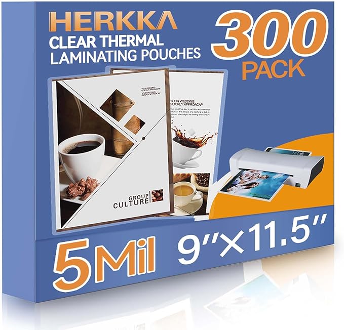 HERKKA 300 Pack Laminating Sheets, Holds 8.5 x 11 Inch Sheets, 5 Mil Clear Thermal Laminating Pouches 9 x 11.5 Inch Lamination Sheet Paper for Laminator, Round Corner Letter Size-DeskLoop Office