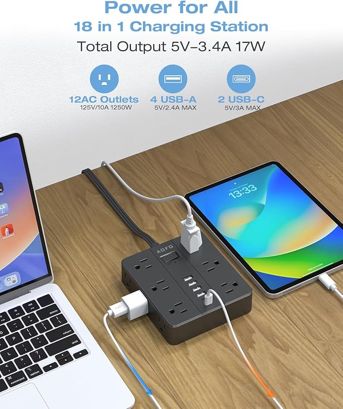 Flat Plug Power Strip, AOFO 5 Ft Extension Cord with 12 Outlets & 6 USB Ports (4 USB-A, 2 USB-C), Surge Protector, Ideal for Home, Office, Dorm, Large Spaces, Reliable and Safe, Black-DeskLoop Office