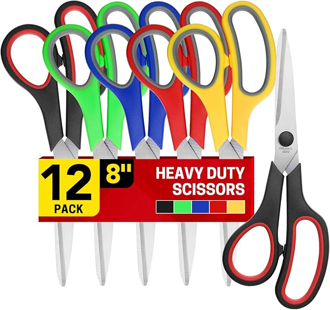 BURVAGY 8" 12 Pack All Purpose Heavy Duty Scissors- Comfort-Grip Sharp Scissors by BURVAGY