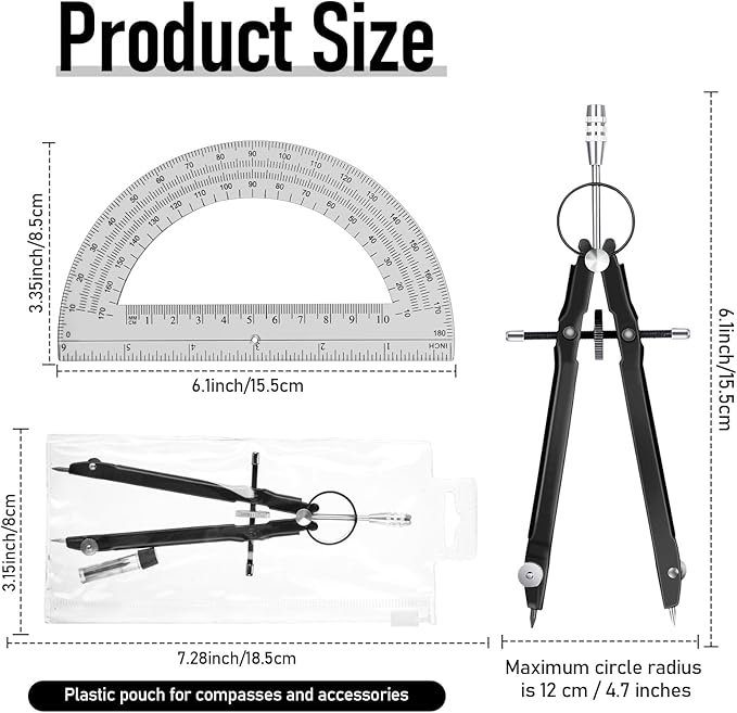 EBOOT Student Geometry Math Set, Drawing Compass and 6 Inch Clear Swing Arm Protractors 180 Degree Math Protractor (Black and Black)-DeskLoop Office