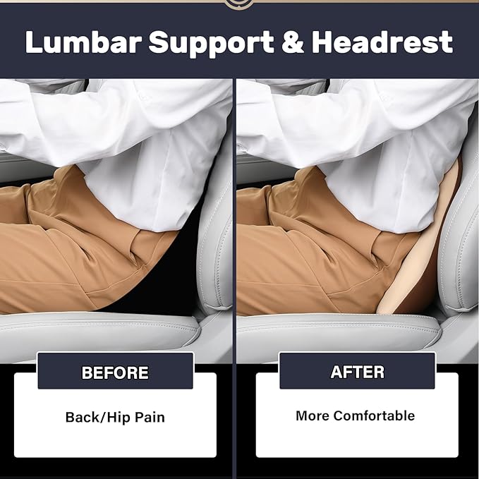 Coverado Lumbar Support and Car Neck Pillow, Ergonomic Memory Foam Desk Chair Cushion and Headrest Pillow for Car Office Chair, Sciatica & Neck & Tailbone Pain Relief Cushion-Beige-DeskLoop Office