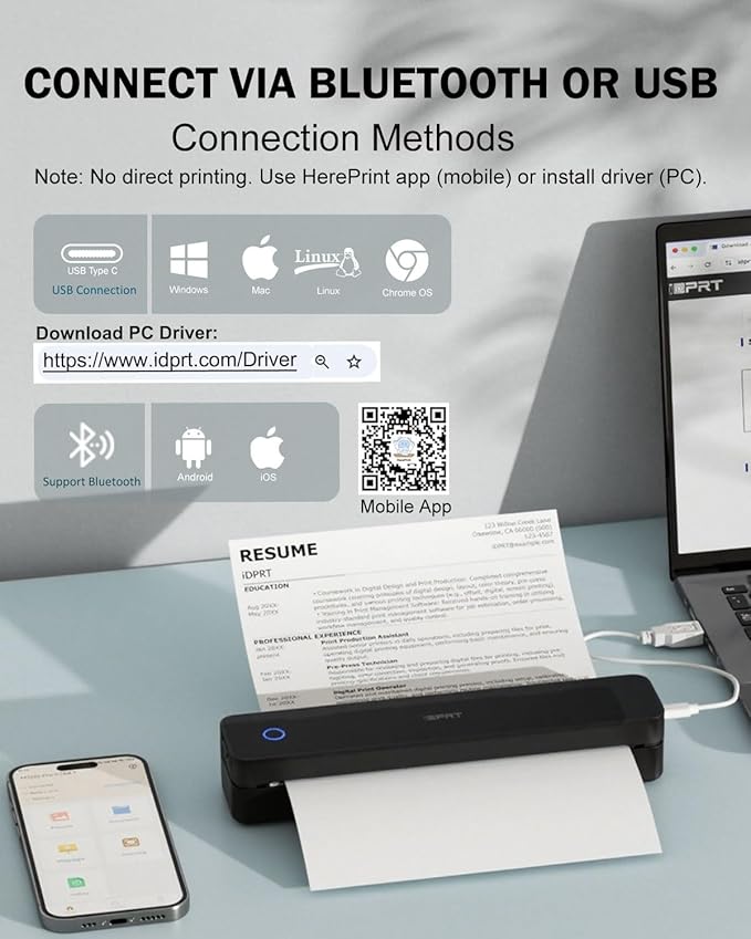 iDPRT Inkless Portable Printer for Travel, 300DPI Wireless Thermal Printer Support 8.5 x 11 Inch US Letter, A4, Small Bluetooth Printers Compatible with iOS, Android Laptop for Office Car Home, Black-DeskLoop Office