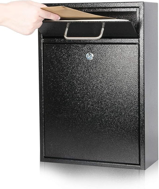 KYODOLED Steel Key Lock Mail Boxes Outdoor, Locking Wall Mount Mailbox, Security Lock Drop Box, Collection Boxes,16.2H x 11.22L x 4.72W Inches, Black X Large-DeskLoop Office