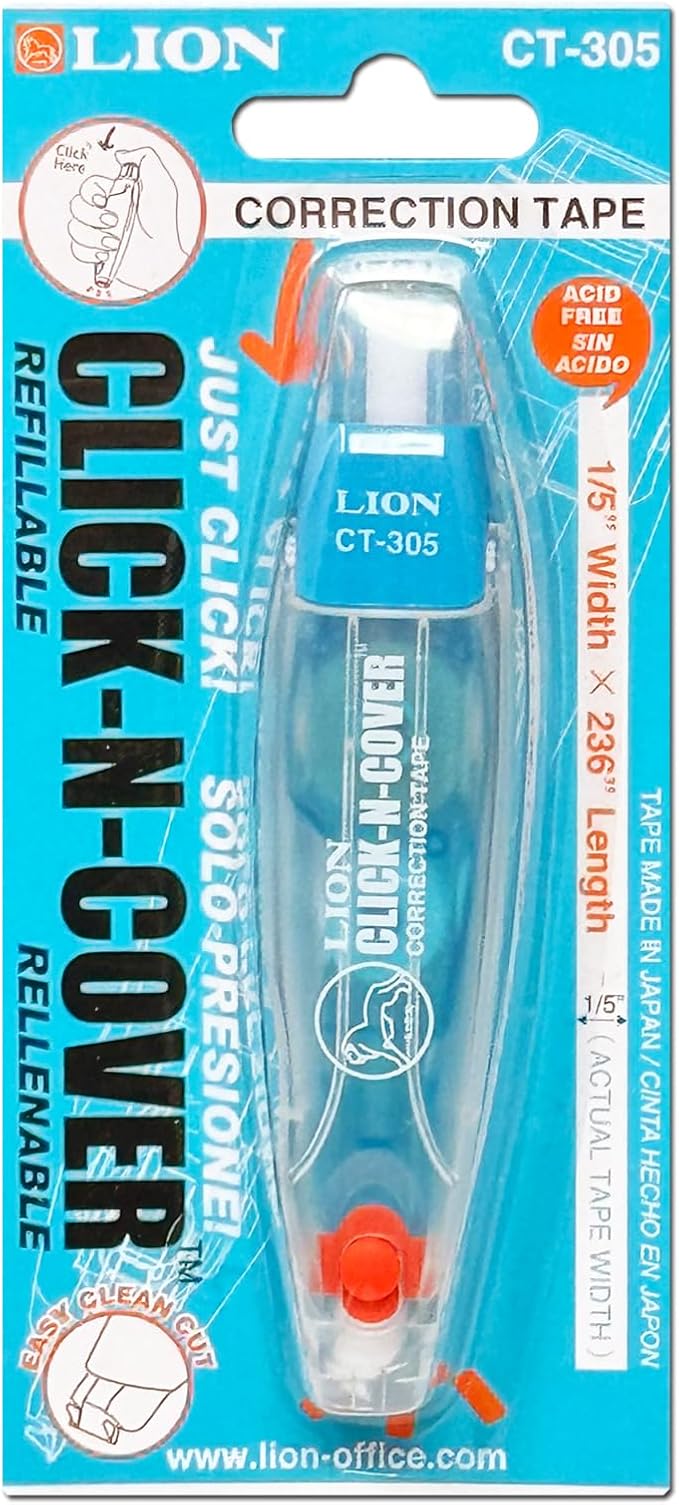 LION CLICK-N-COVER Refillable Correction Tape, Retractable Tip, 1/5" wide and - Image 6