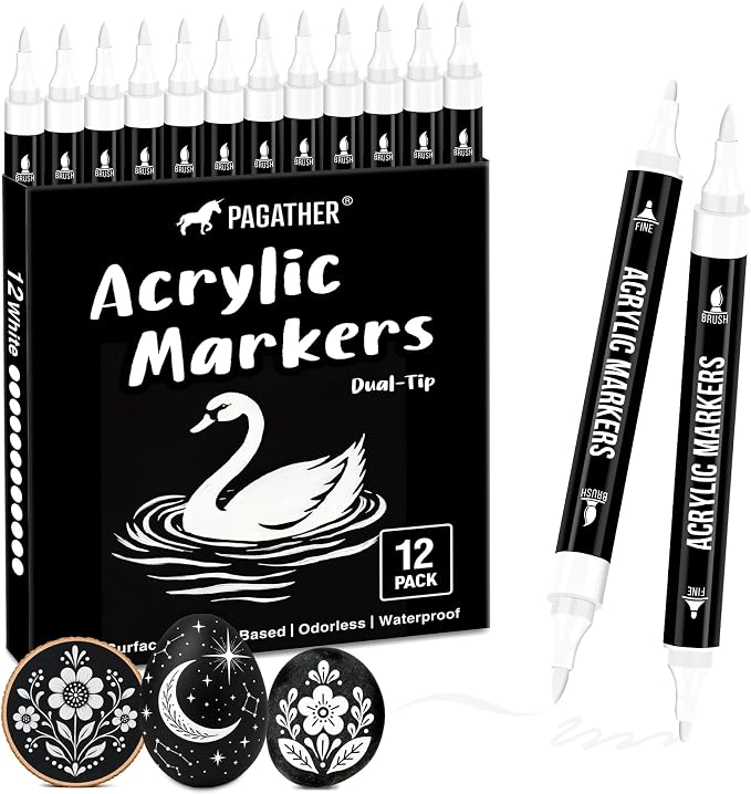 Pagather White Acrylic Paint Markers, 12 Pack Dual Tip by Pagather